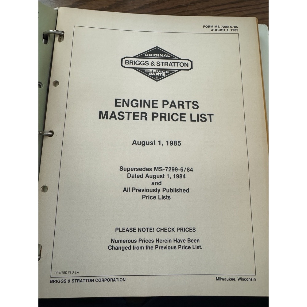 1986 Briggs And Stratton Engine Parts‎ Price List And 1985 Updates